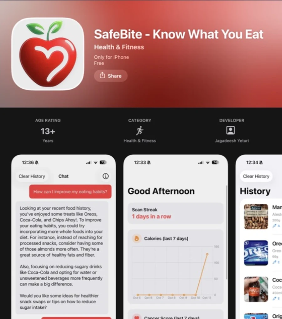 SafeBite product page and iPhone interface