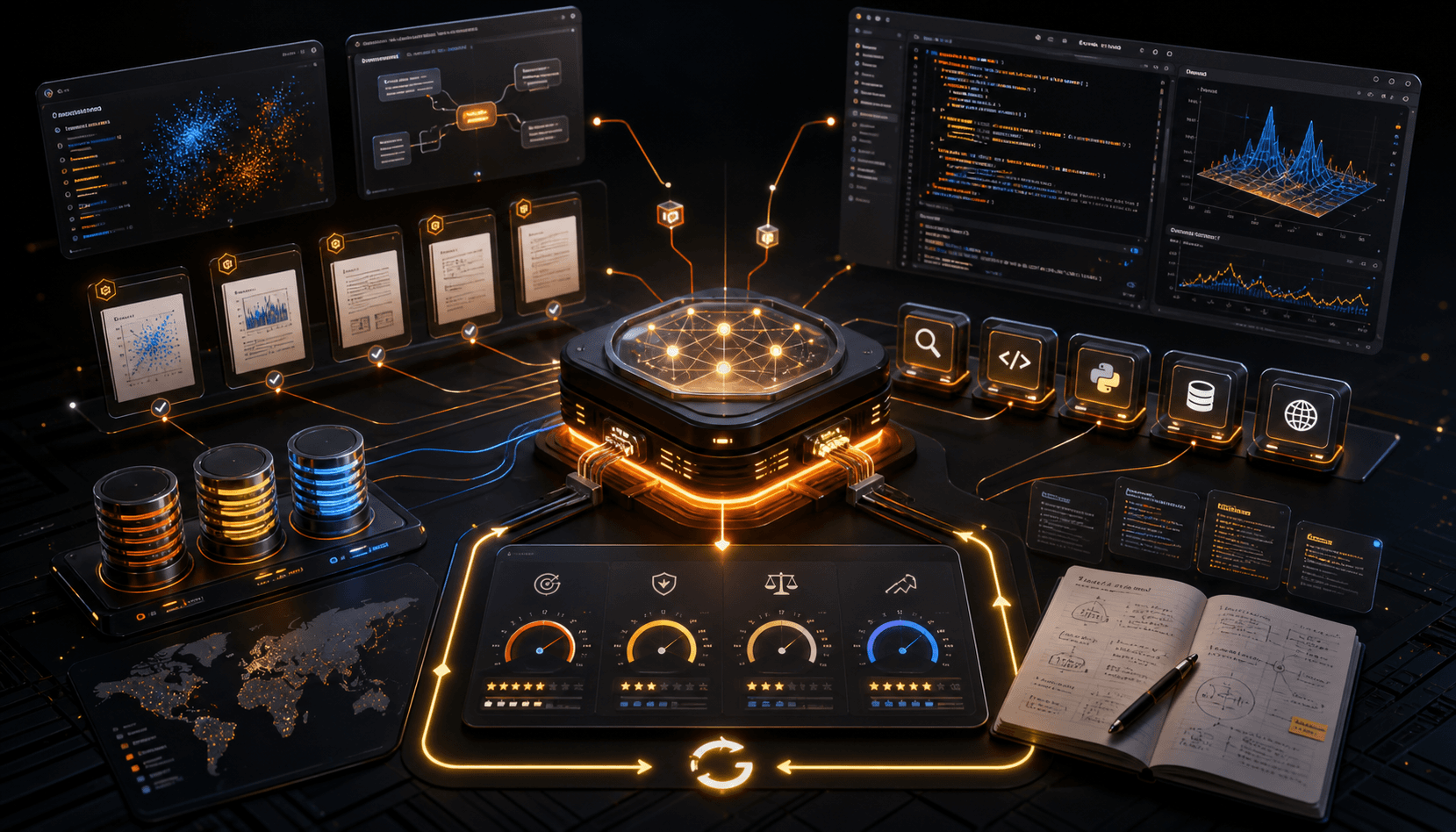 AI agent research workstation with evidence panels, tool calls, and evaluation charts