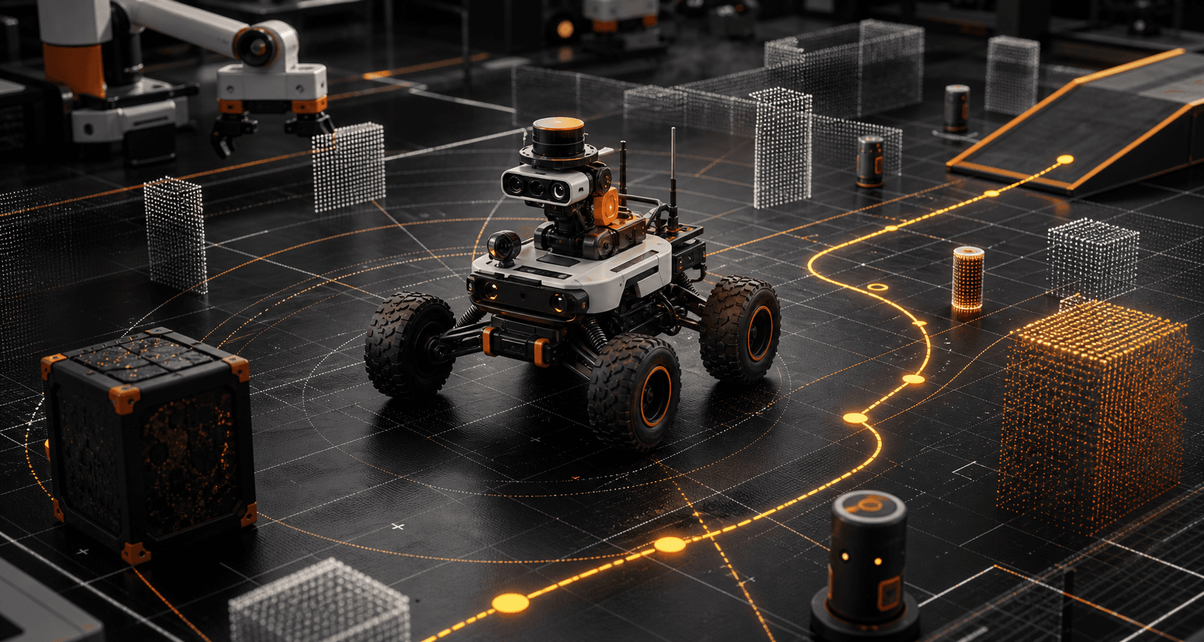 Autonomous rover navigating a robotics test arena with perception overlays